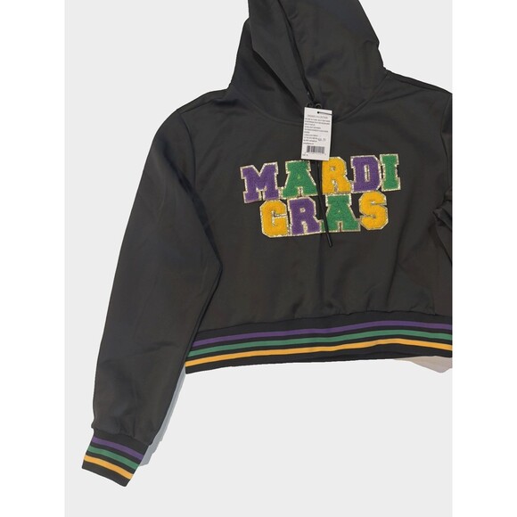 Women’s Mardi Gras Hoodie XL Black Long Sleeve Cropped Sweatshirt NWT - Picture 3 of 11